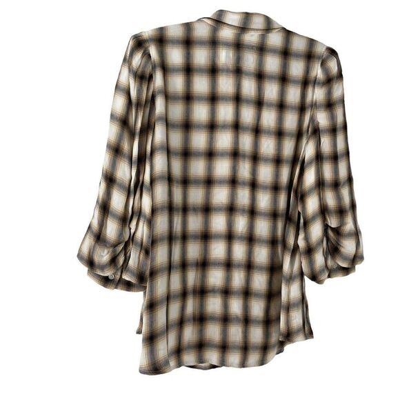 PISTOLA Ariella Plaid Button Up Puff 3/4 Sleeve Shirt Large Defined Shoulder Tan - Picture 2 of 8